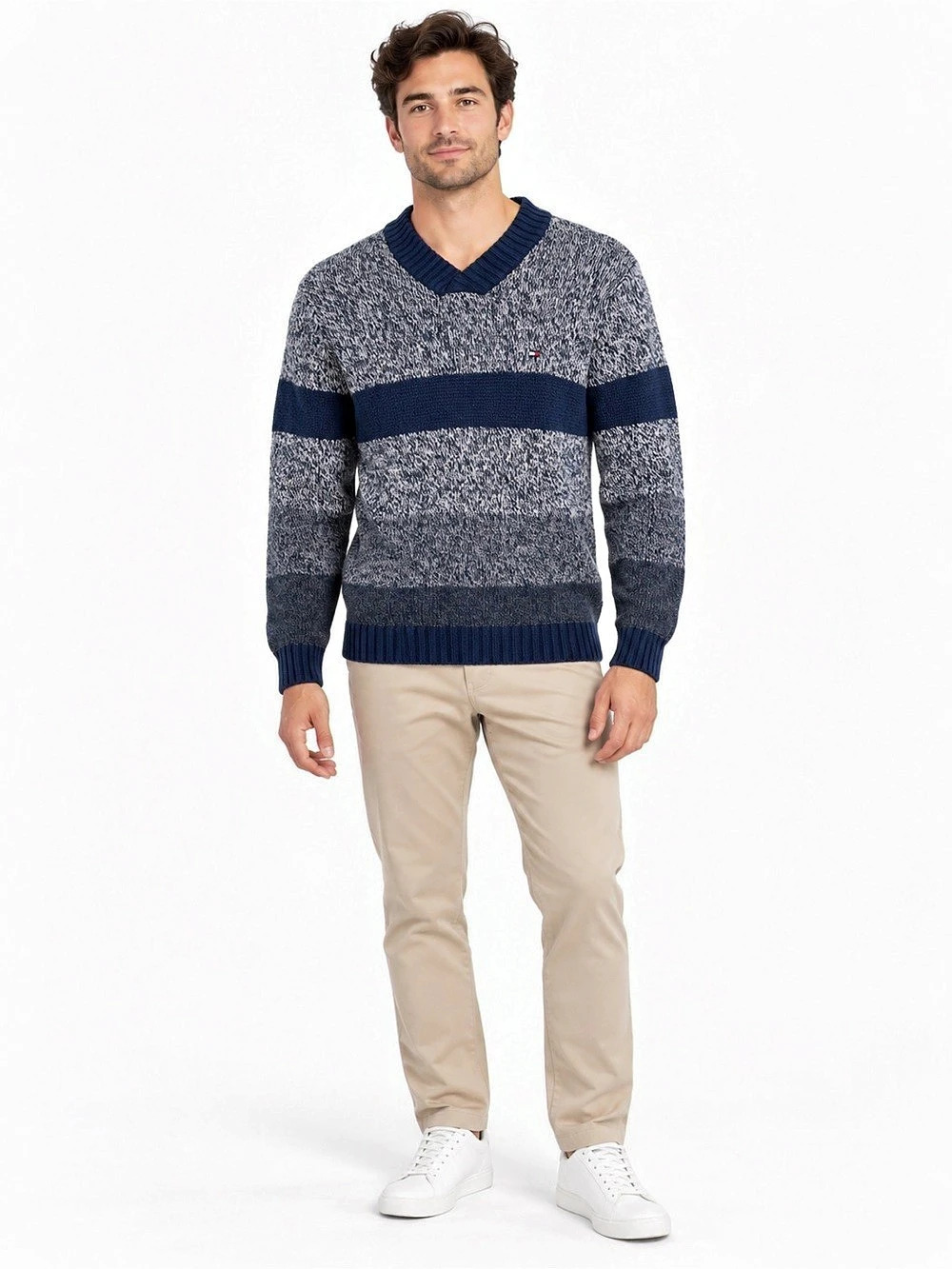 Tommy Hilfiger Navy Cotton Wool V-Neck Sweater Elbow Patches Men M